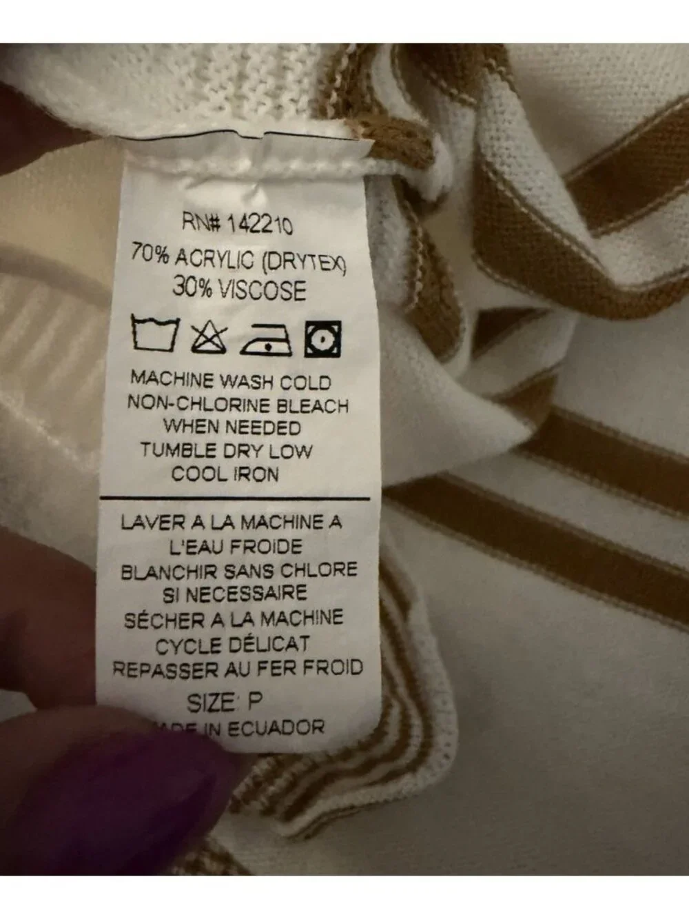Mersea Women’s Tan And White Striped Catalina Sweater One Size Petite 3/4 Sleeve